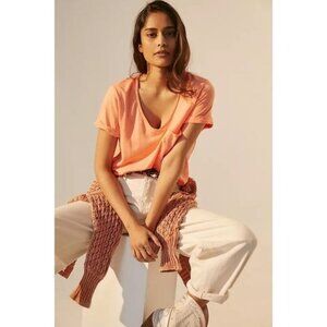 NWT Anthropologie t.la Classic Vneck Tee XS Mango Rolled Cuff Pocket Relaxed